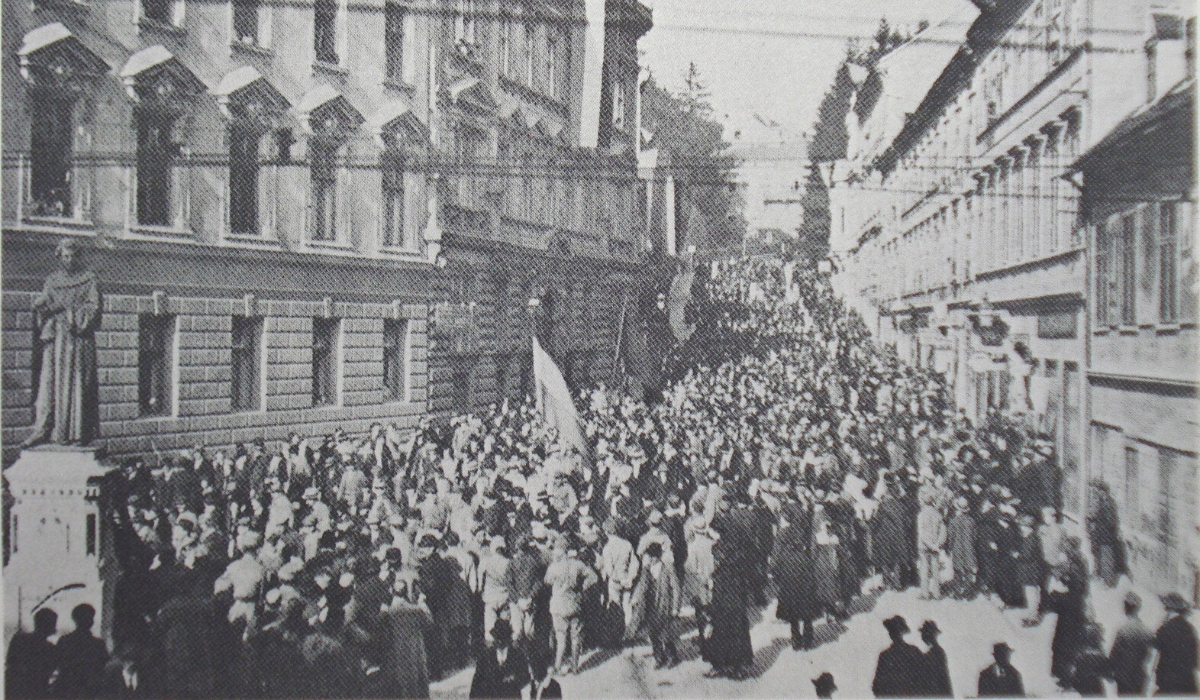 Mass protests demonstration in Zagreb Croatia against the unification of the State of Slovenes, Croats and Serbs with the Kingdom of Serbia in 1918
