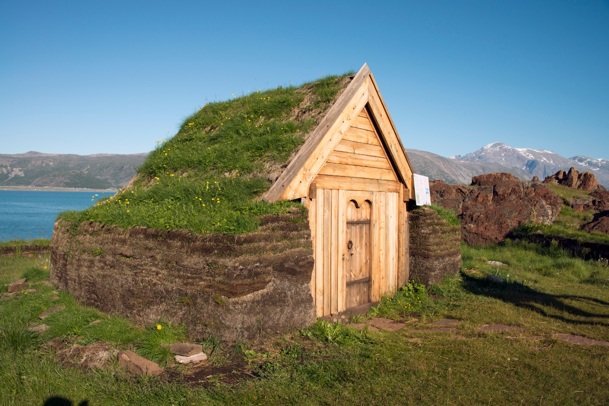 Modern reproduction of Thjodhild-s church in Brattahlíð or Brattahlid, Qassiarsuk, Greenland
