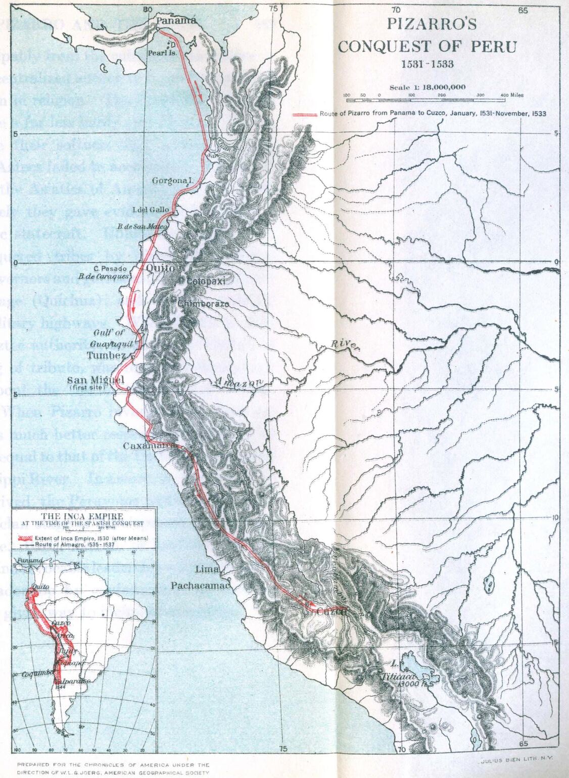 The route taken by Pizarro (in red) during his conquest of Peru