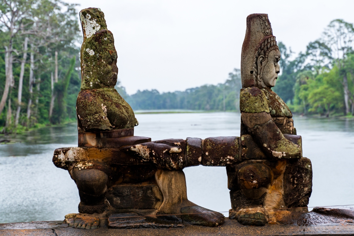 Angkor Thom Bridge Cambodia with rain overcast