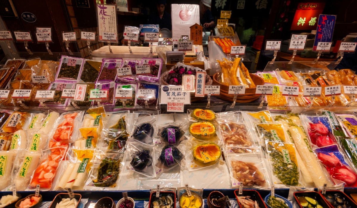 Selection of food at Nishiki Market, Kyoto, Japan