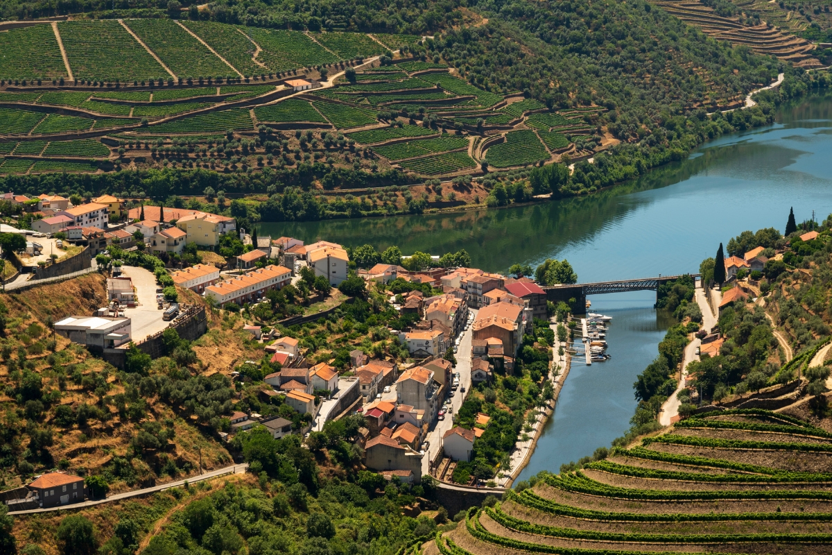 Pinhão village surrounded by vineyards at Douro River Valley, Portugal