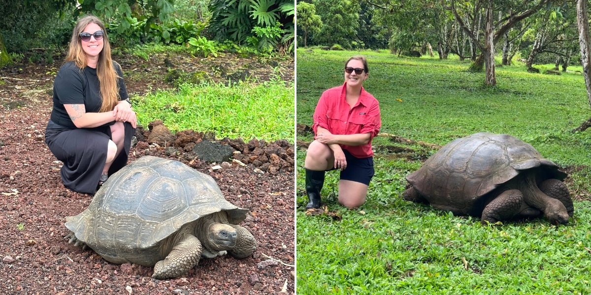SA Expeditions Destination Experts Jackie and Chelsey with giant tortoises on at Santa Cruz, Galapagos Islands