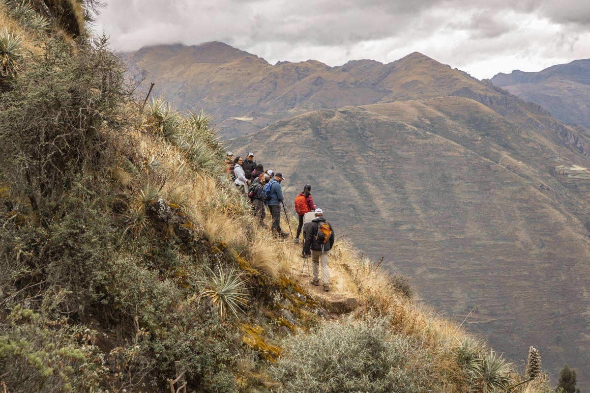 Hikers hiking the Inca trail in the Sacrey Valley Peru