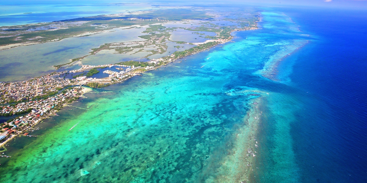 Aerial view of Ambergris Caye and Belize Barrier Reef in western Caribbean Sea