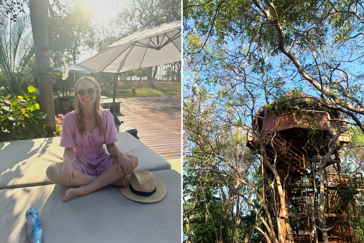 SA Expeditions Destination Expert Julia Steck and treetop bungalow in Las Islas resort, Baru, Cartagena, Colombia