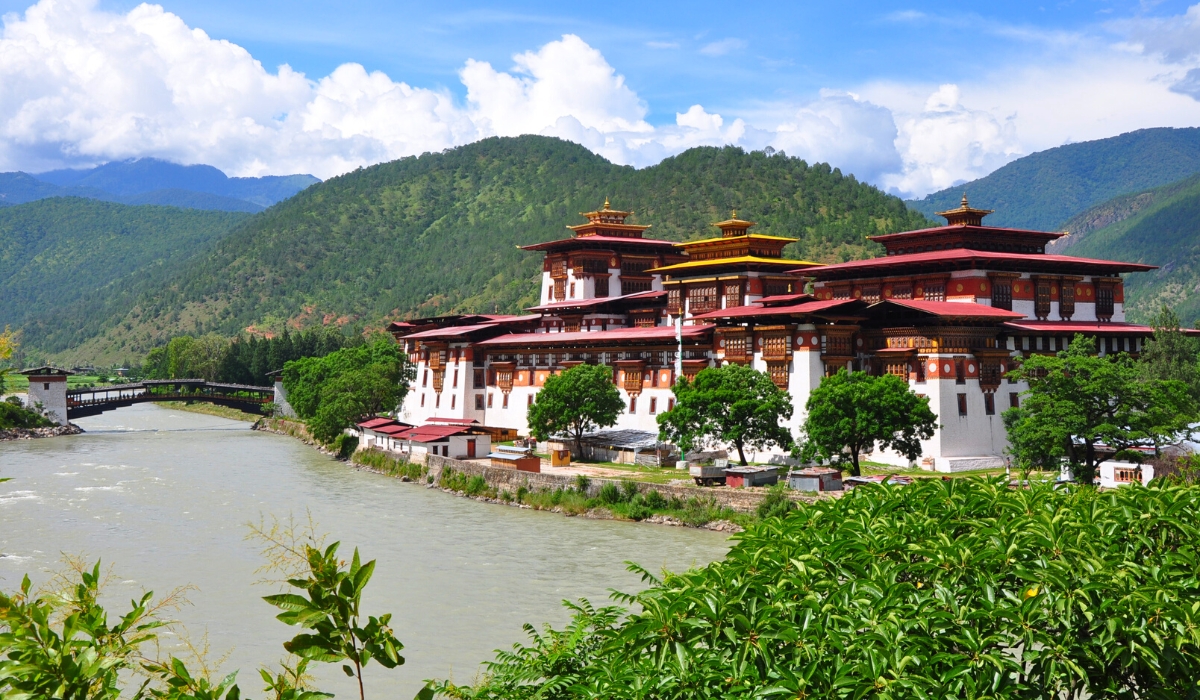 Punakha Dzong Monastery, river, and bridge in Bhutan