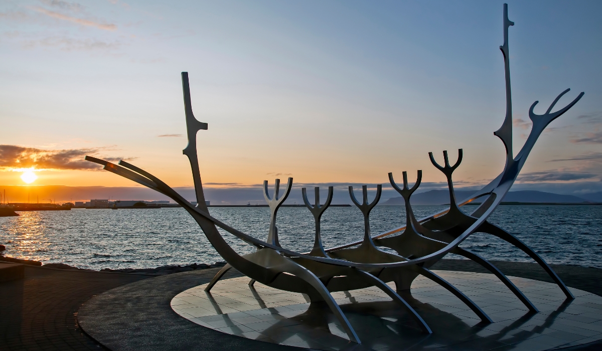 Sun Voyager sculpture with sea background in Reykjavik, Iceland
