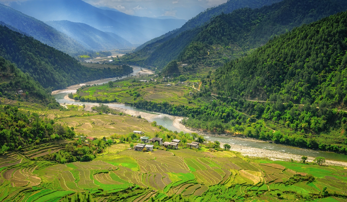 Green valley and rice paddy fields near Punakha, Bhutan
