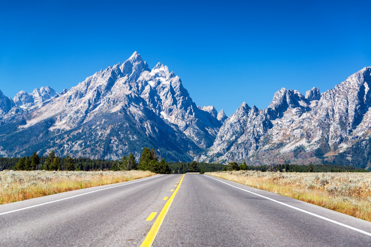 Highway road to Grand Teton National Park in Wyoming