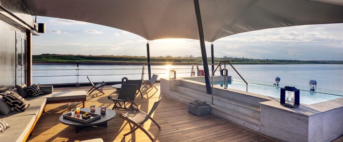 Sun pool deck on the Aqua Nera Amazon cruise through Iquitos, Peru