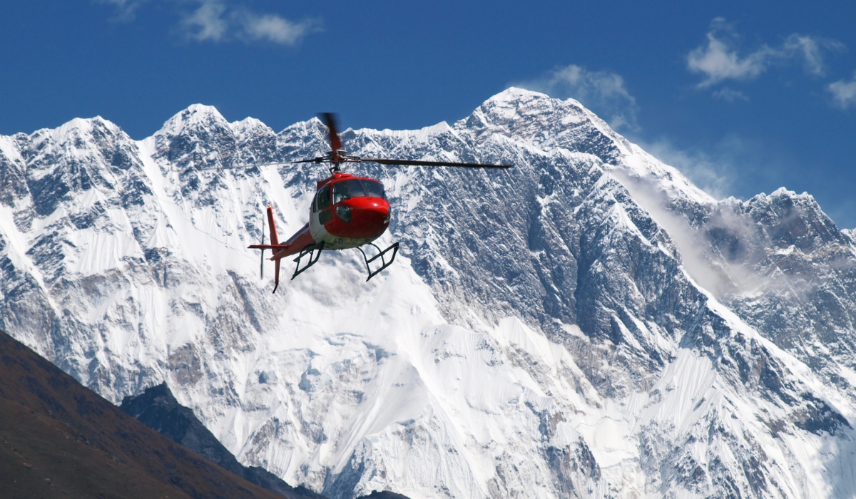Helicopter flying near Mount Everest in the Himalayas, Nepal