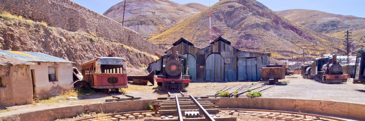 Pulacayo trainyard in mining town of Salar de Uyuni Salt Flats, Bolivia