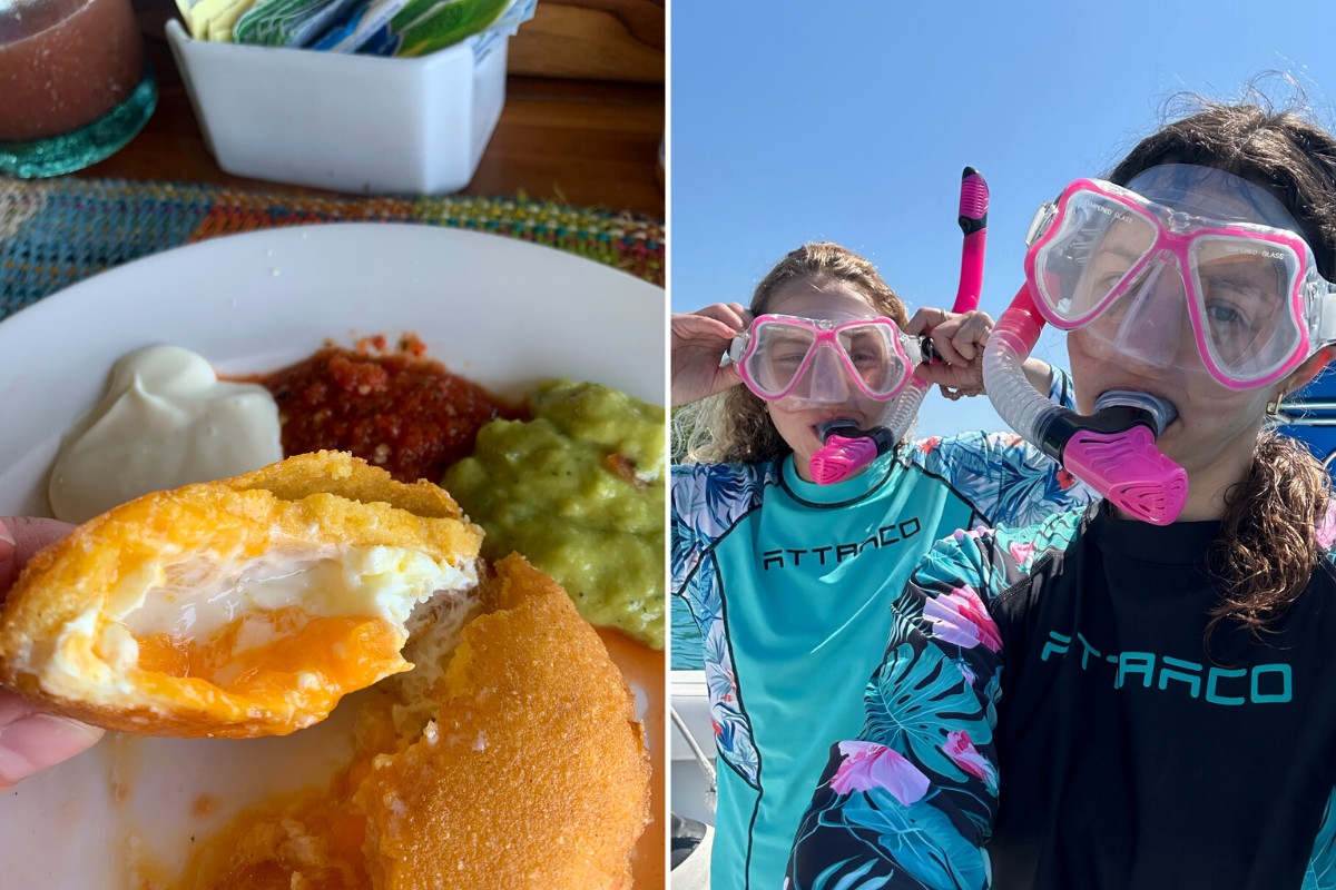 Arepa with egg and Destination Expert Julia Steck and friend snorkeling in Baru, Cartagena, Colombia