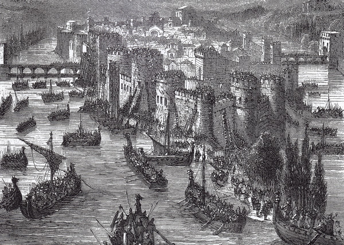 Drawing depicting viking ships besieging Paris, France