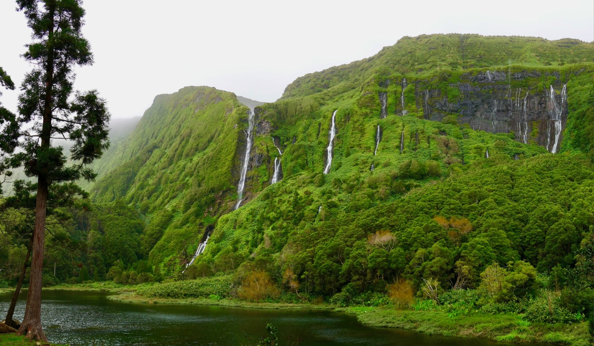 Lake and waterfalls of Poço da Ribeira do Ferreiro, Flores, Azores, Portugal