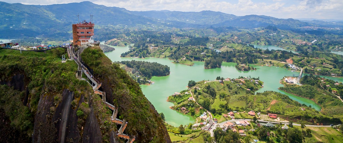 Aerial drone close up view of Peñon of Guatapé in Colombia