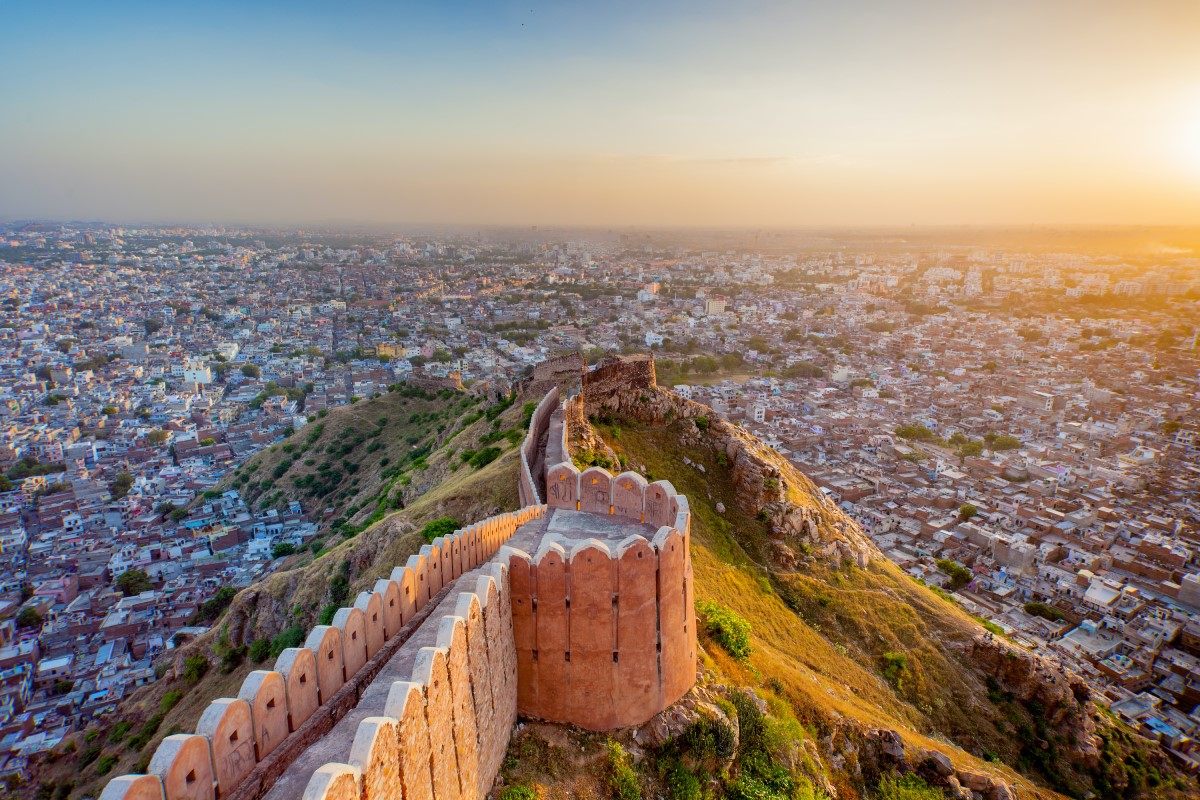 Aerial view of Jaipur, India from Nahargarh Fort at sunset