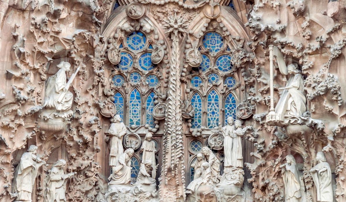 Sculptures and details on the exterior wall of the Sagrada Familia in Barcelona, Spain