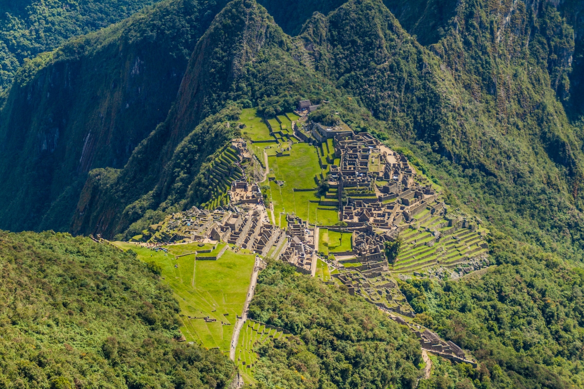 View of Machu Picchu ruins from Machu Picchu Mountain, Inca archaeological site in Peru