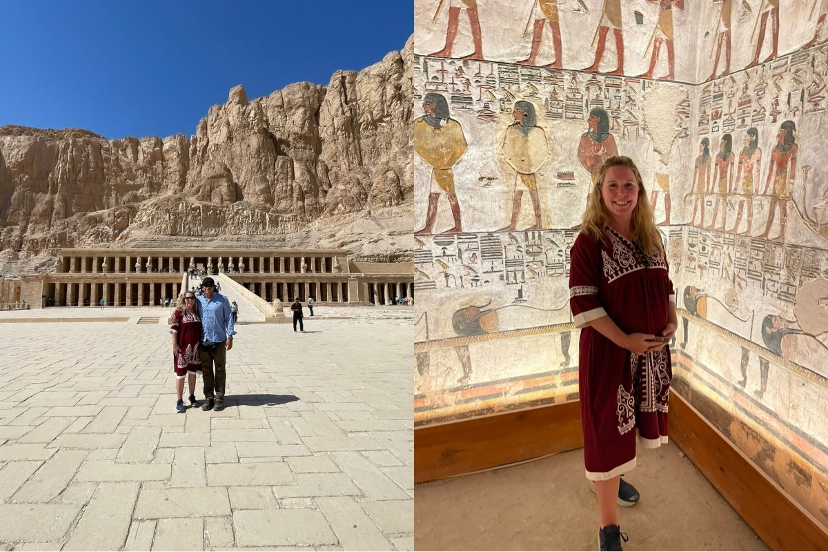 Riva Bacquet and partner exploring Temple of Hatshepsut and Egypt hieroglyphics