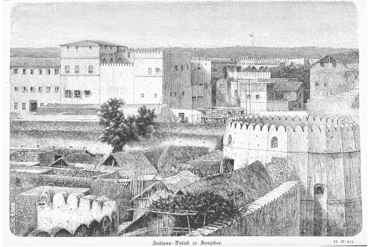 Sketch of the old fort and palace in Stone Town, Zanzibar, year 1871 to 1875
