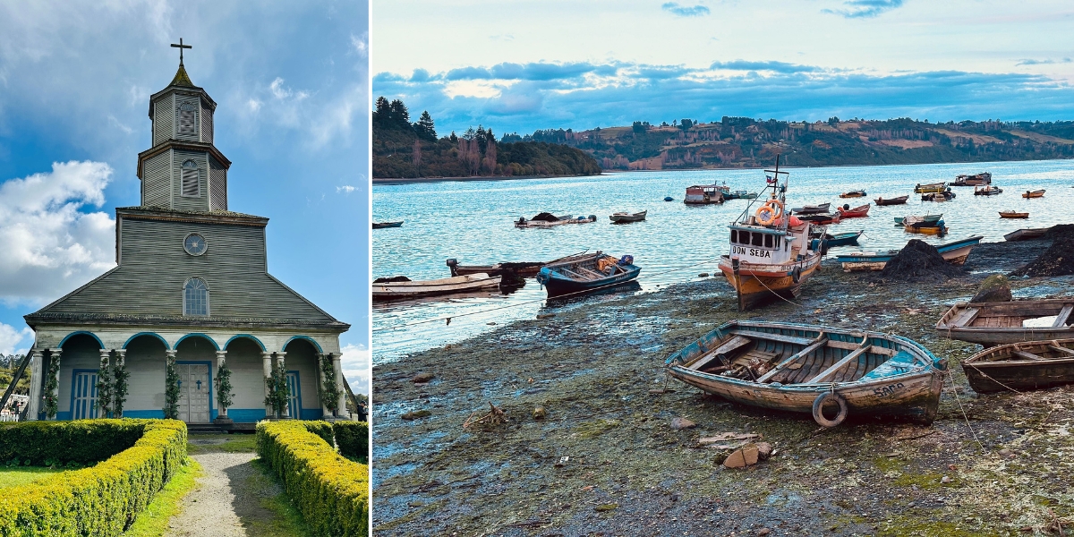 Church of Nercón and scenery of Castro, Chiloe Island, Chile