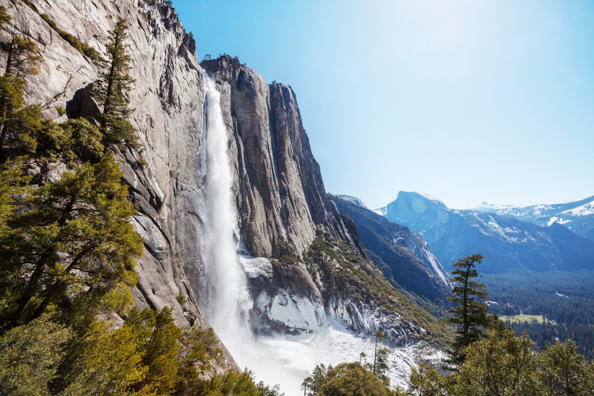 Grand Yosemite Falls among landscapes in Yosemite National Park, California