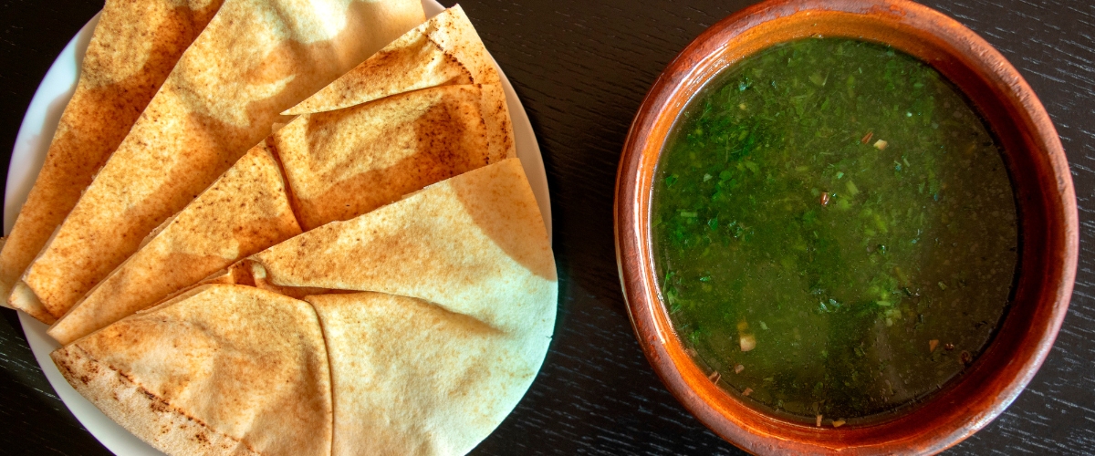 Molokhia soup with pita bread, Egyptian cuisine