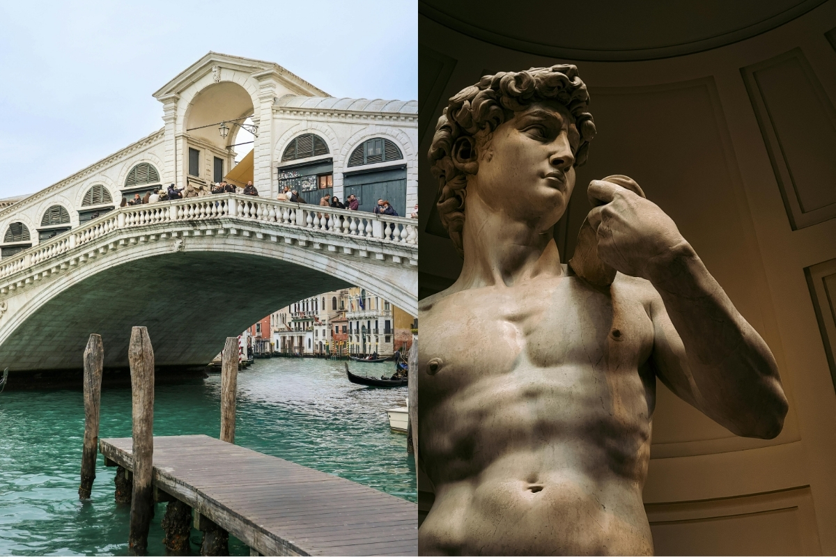 The Rialto Bridge in Venice and Michelangelo’s David in Florence. 