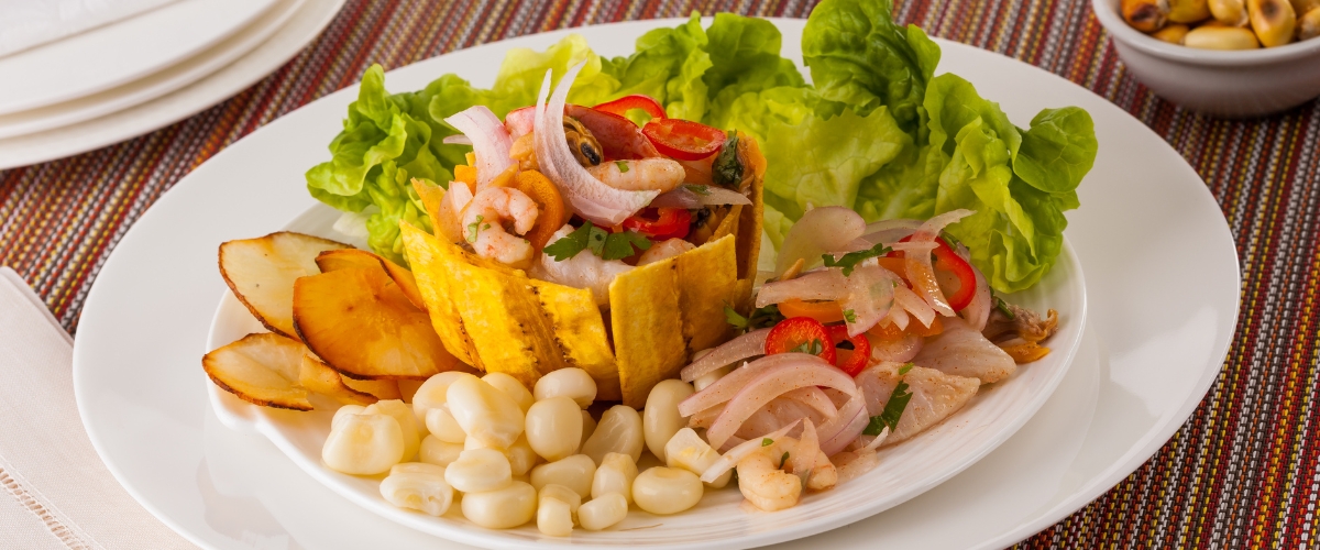 Ceviche with fried plantains and veggies, Panama cuisine
