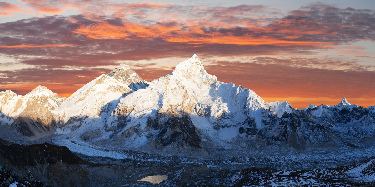 Panoramic view of Mount Everest during sunset in the Himalayas, Nepal