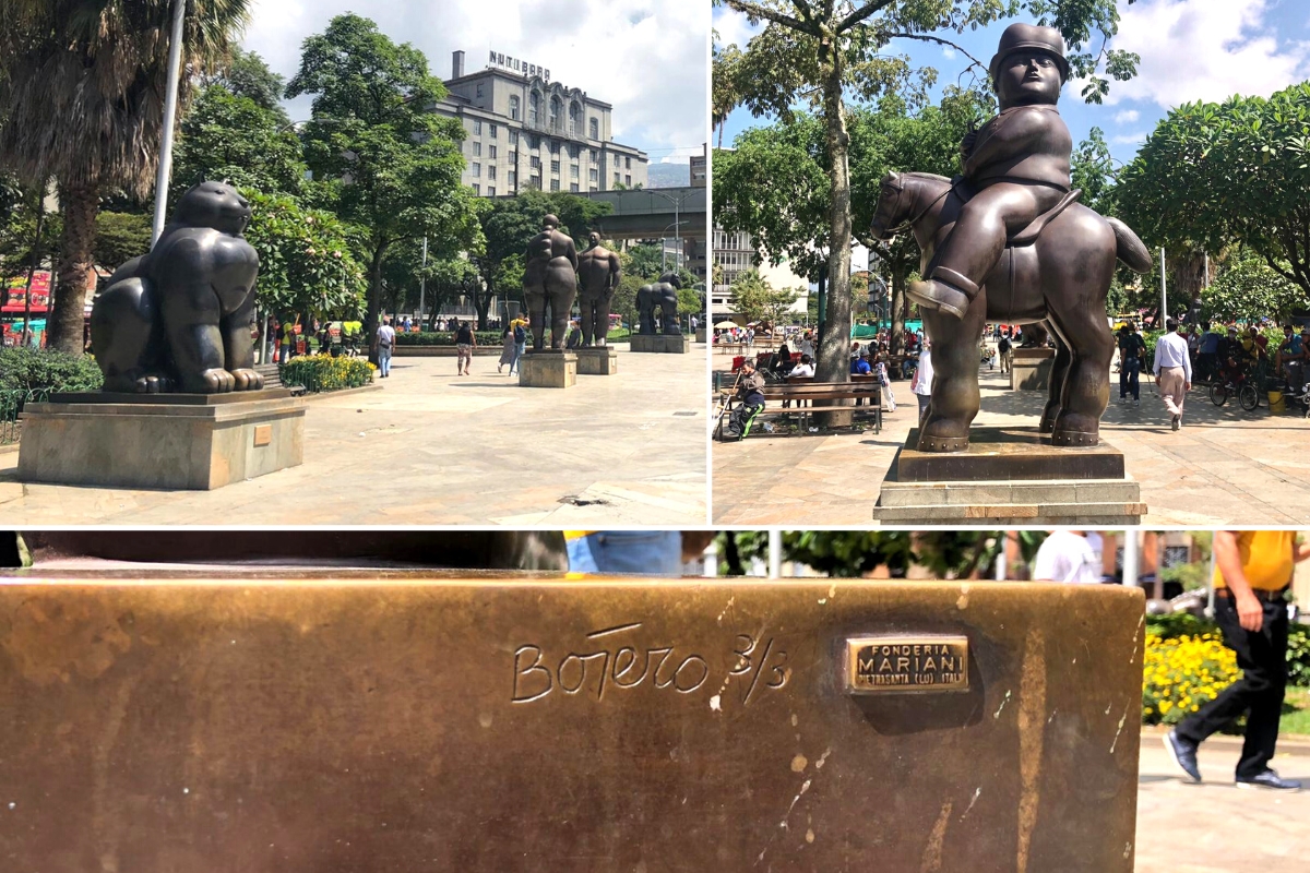 Statues and signature of Plaza Botero, Medellin, Colombia