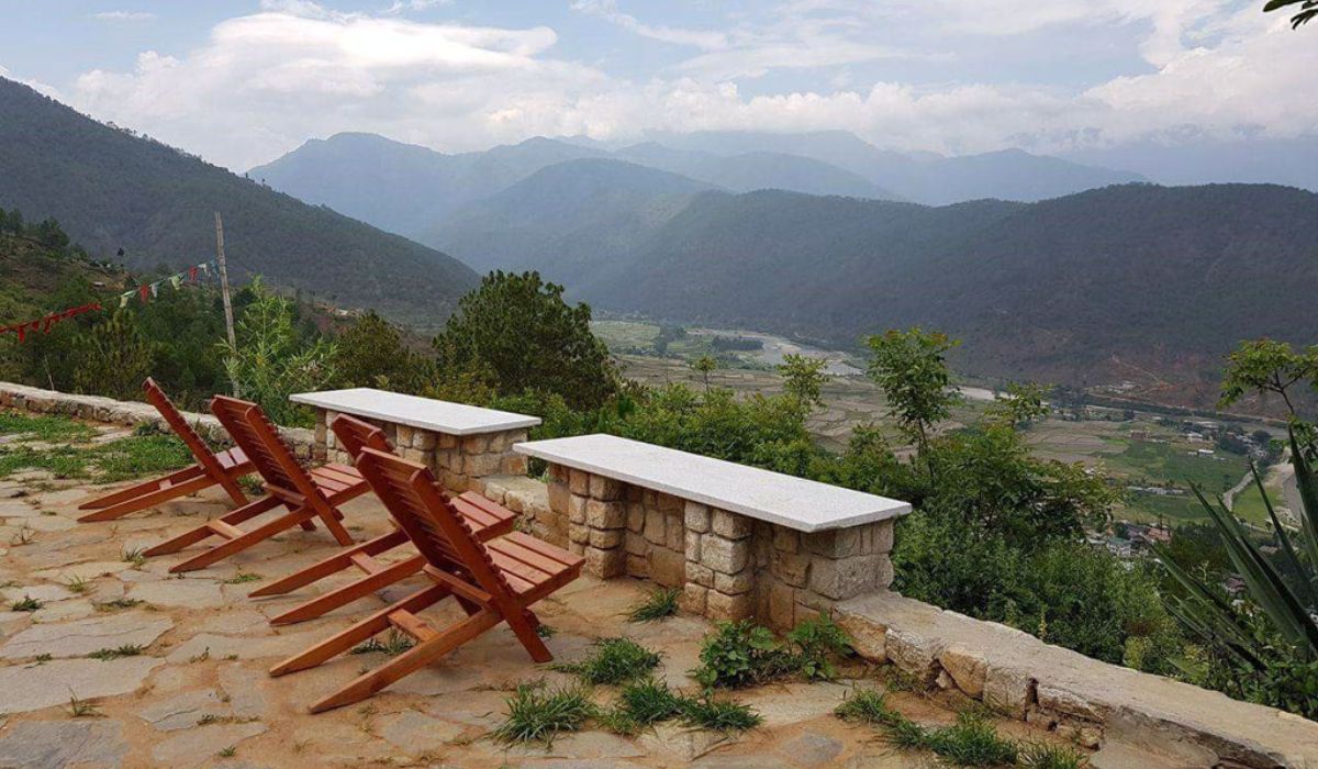 View of Punakha Valley from patio of Dhumra Farm Resort in Bhutan