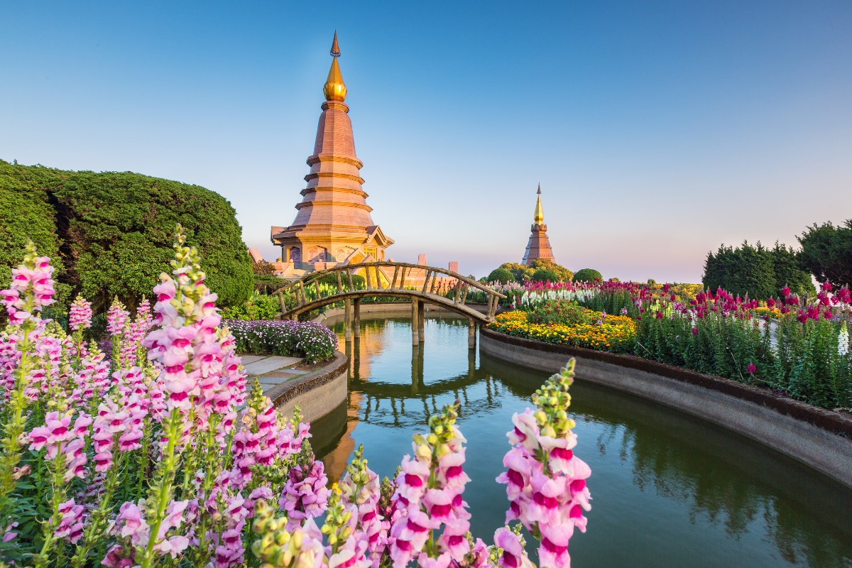 Beautiful garden, pond, and temples of Doi Inthanon National Park in Chiang Mai, Thailand