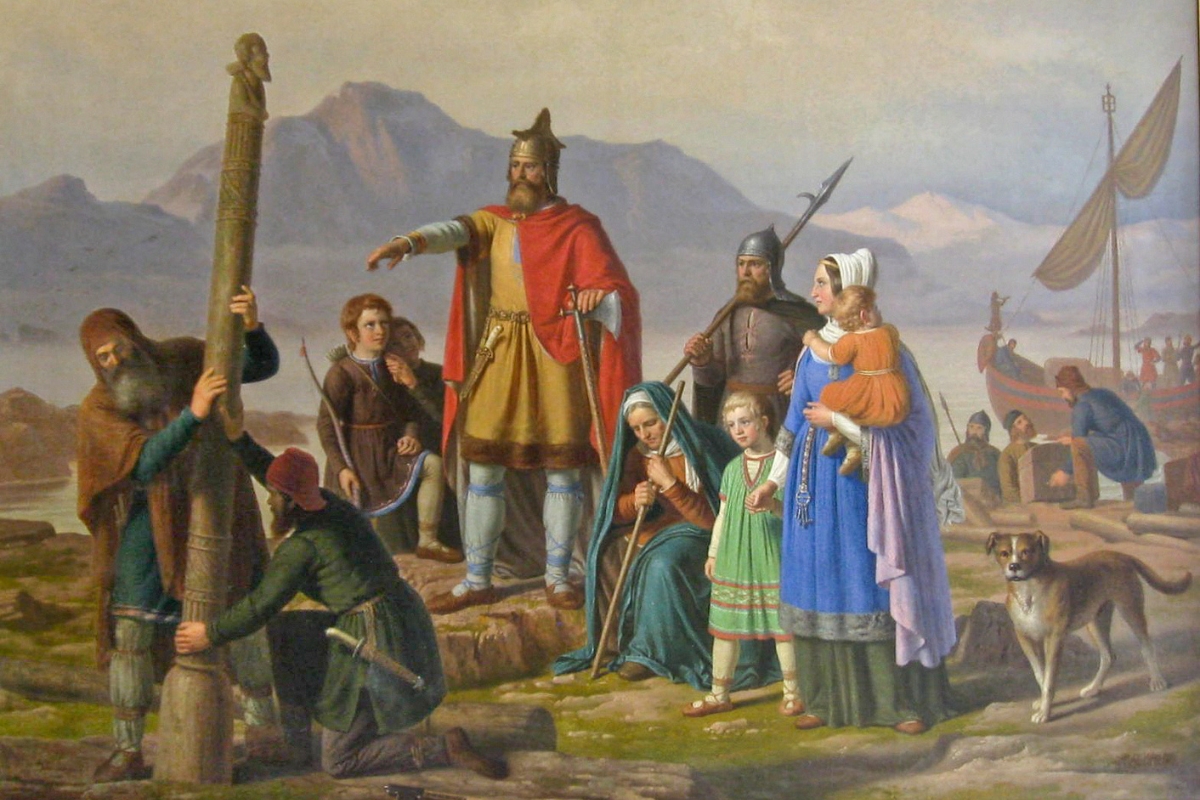 Painting of Ingólfur Arnarson, first settler of Iceland, in Reykjavík, by Johan Peter Raadsig, 1850