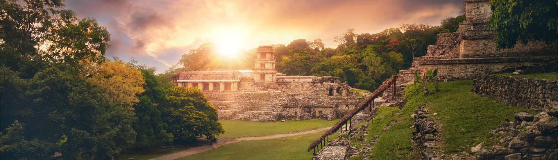 Sunset in Palenque Archaeological Zone in Chiapas, Mexico