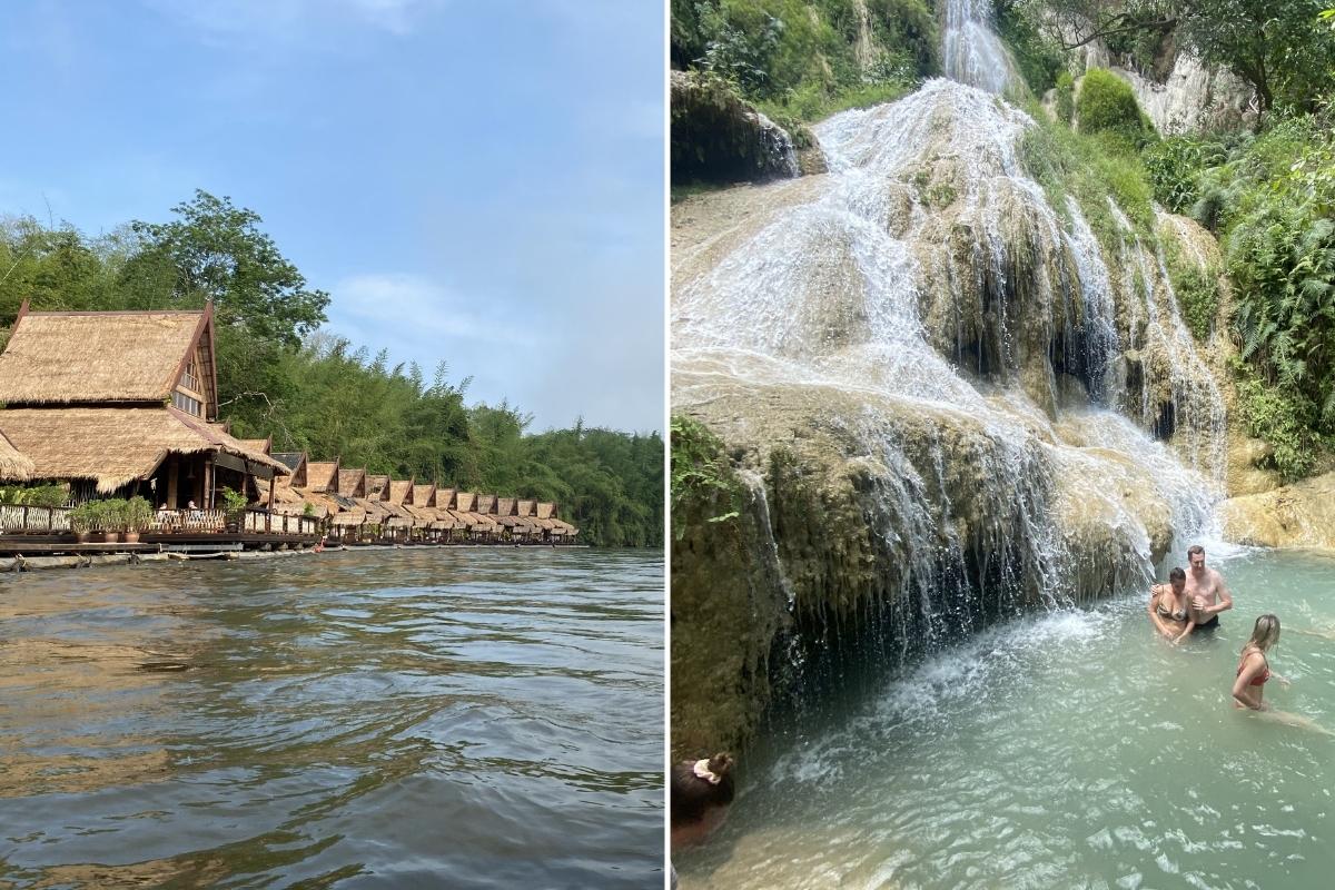 Kanchanaburi floating houses villas and Erawan National Park waterfalls in Thailand