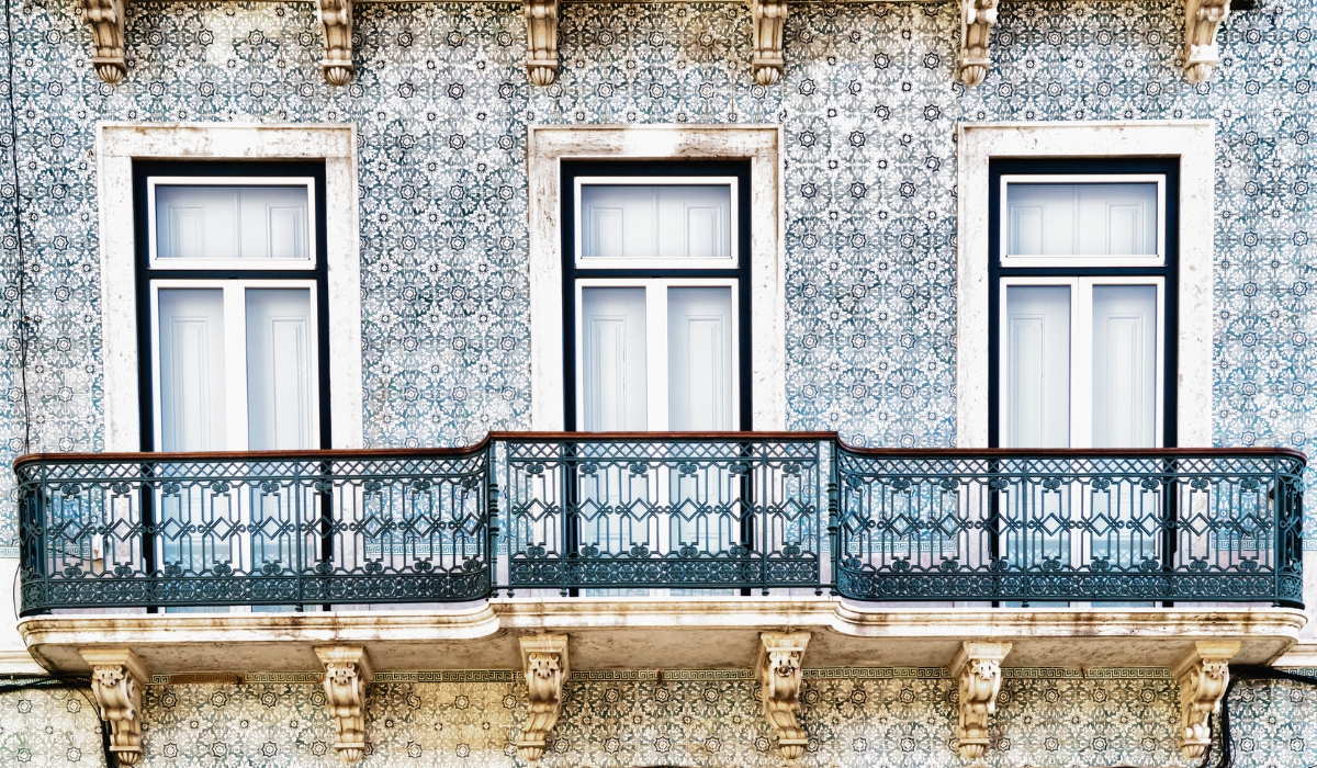Balcony of a decorated building in Bairro Alto neighborhood of Lisbon, Portugal