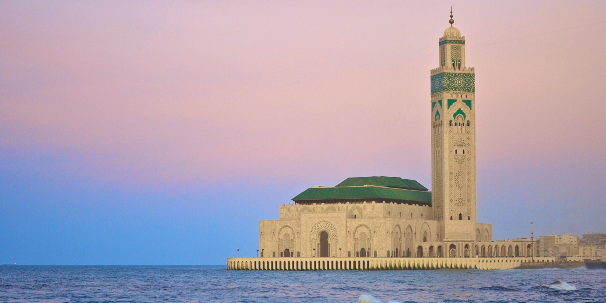Sea and coastal view of Hassan II Mosque in Casablanca, Morocco