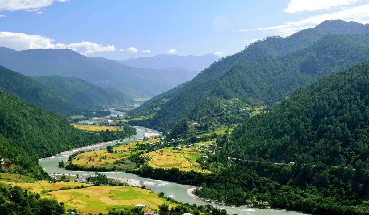 Aerial view of Punakha Valley from Khamsum Yulley Namgyal Chorten, Bhutan