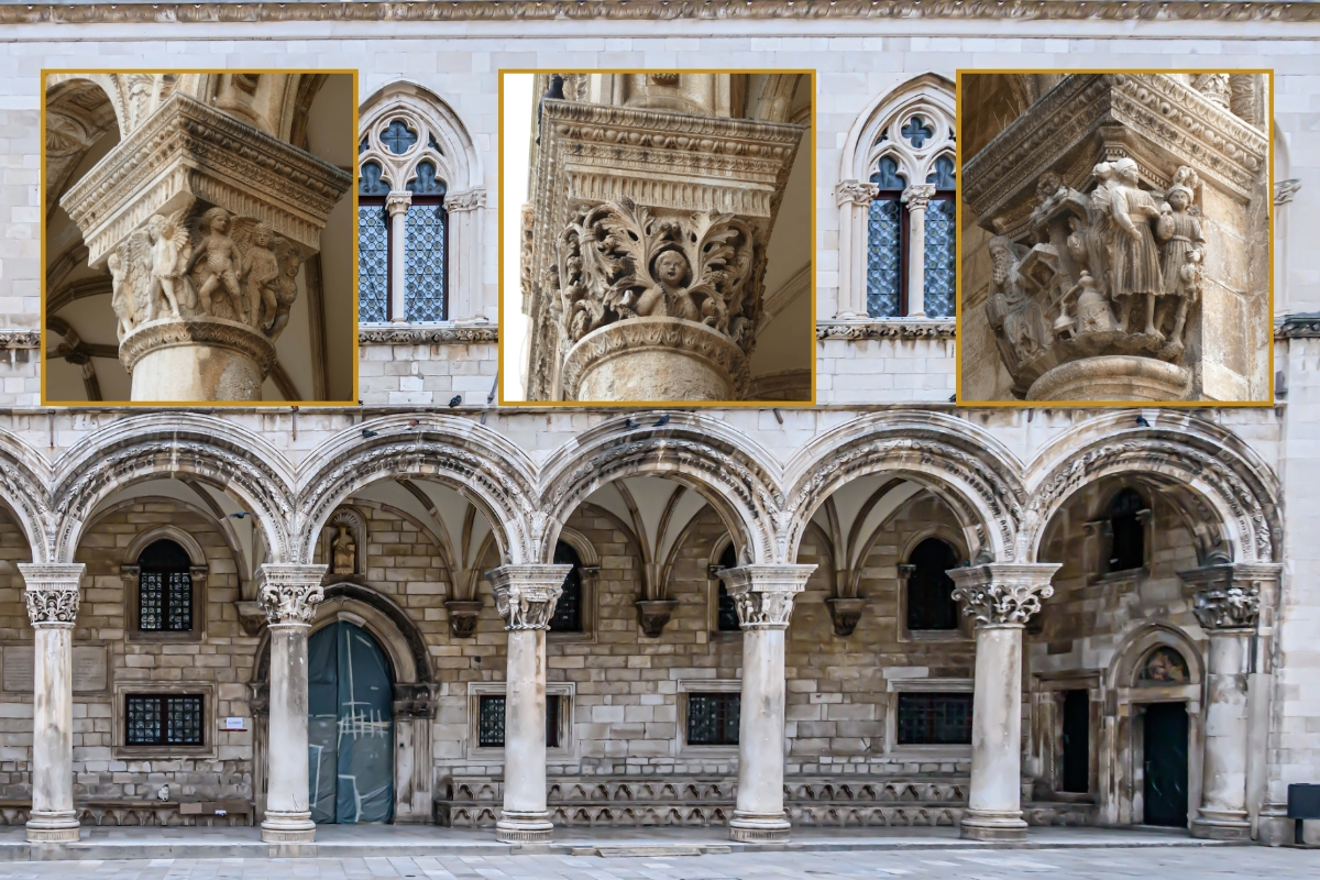 Details of Corinthian pillars on Rector-s Palace in Dubrovnik, Croatia