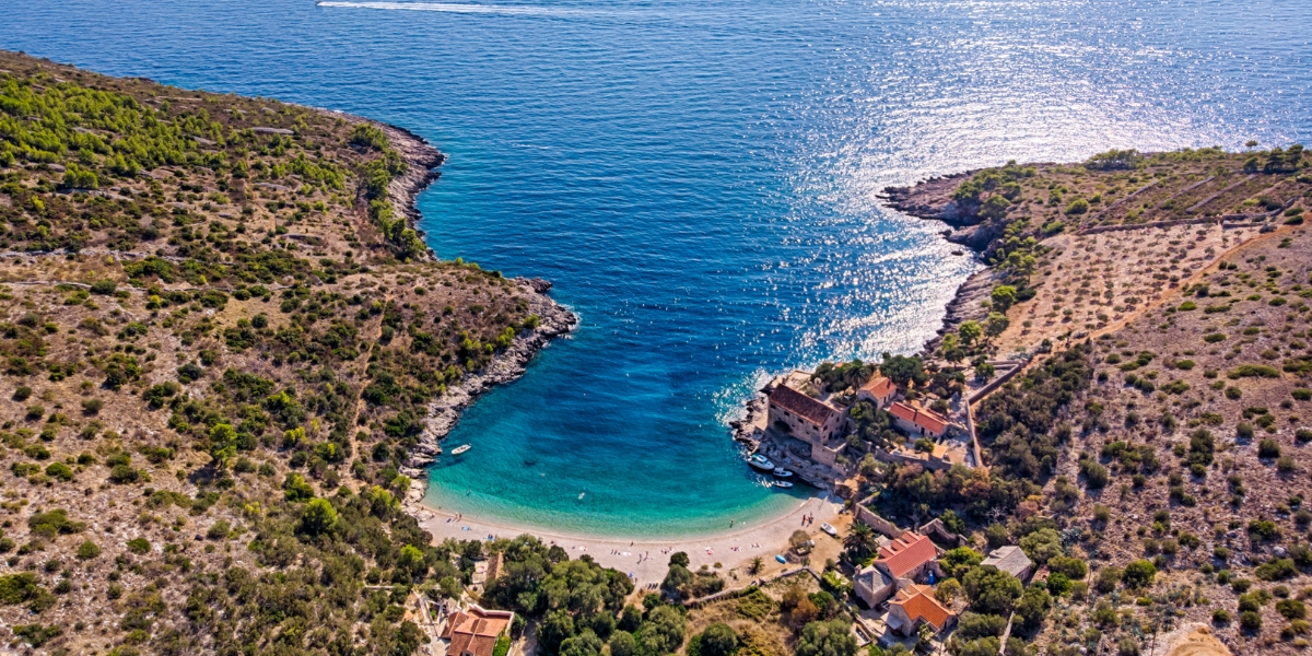 Aerial view of Dubovica Beach and Adriatic Sea in Hvar, Dalmatia, Croatia