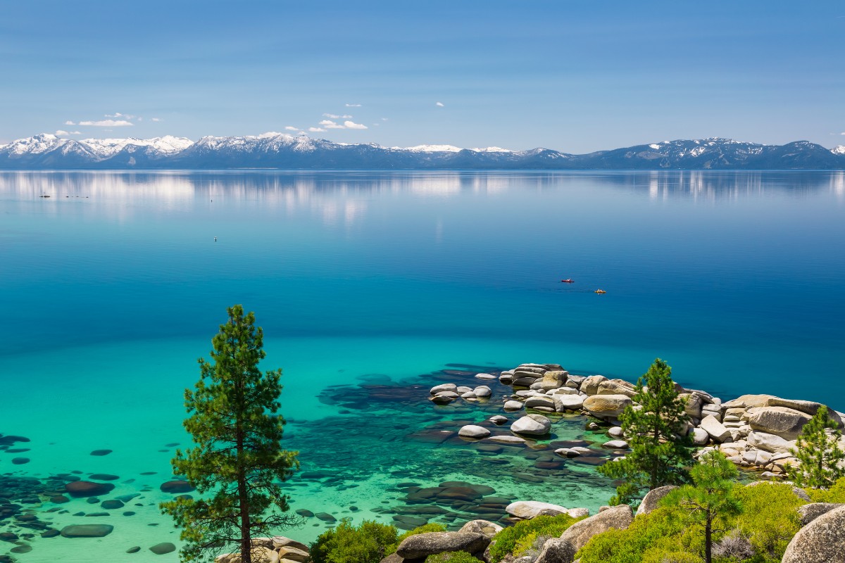 Lake Tahoe Sand Harbor State Park with snowy mountain landscapes in California