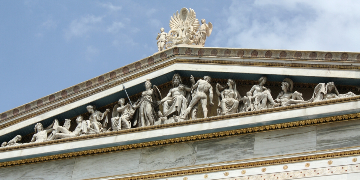 Detail of pediment sculptures and statues of Academy of Athens, Greece