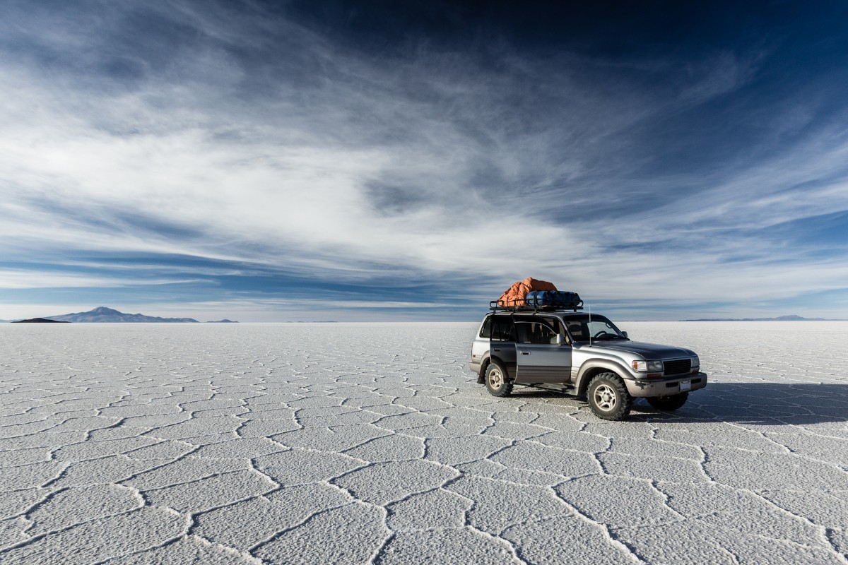 Camping car at at Salar de Uyuni Salt Flats during dry season in Bolivia