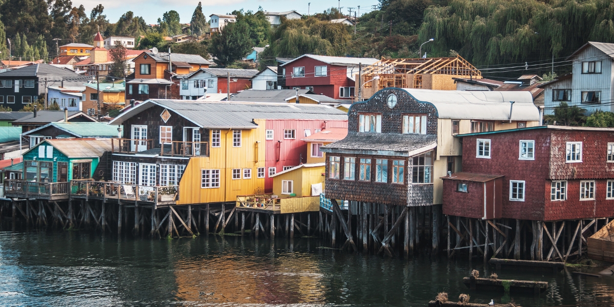 Colorful palafitos, stilt houses in Chiloe Island, Chile