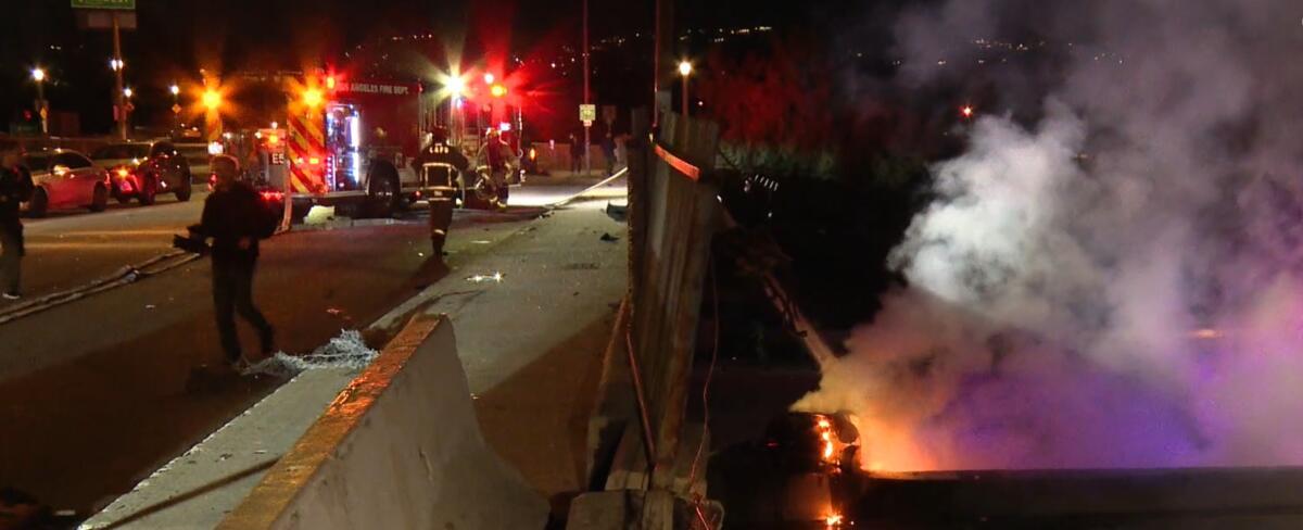 Two seriously injured after Tesla flies off freeway overpass