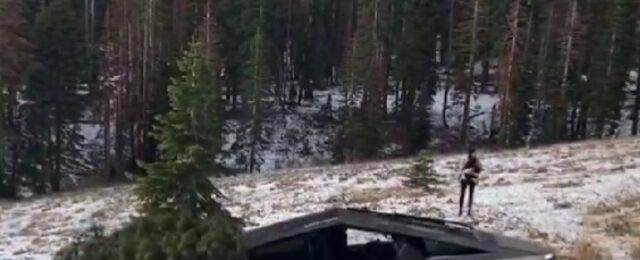 Gas-Powered Savior: Tesla Cybertruck with Christmas Tree Gets Stuck in Snow, Is Rescued by Ford Truck