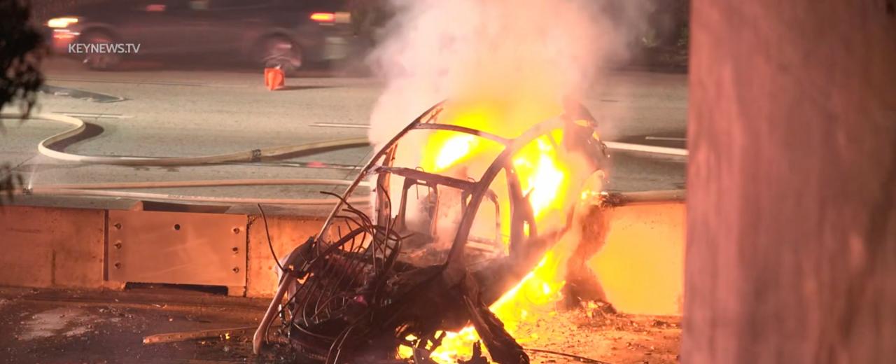 Tesla plunges off overpass, catches fire after landing on 134 Freeway